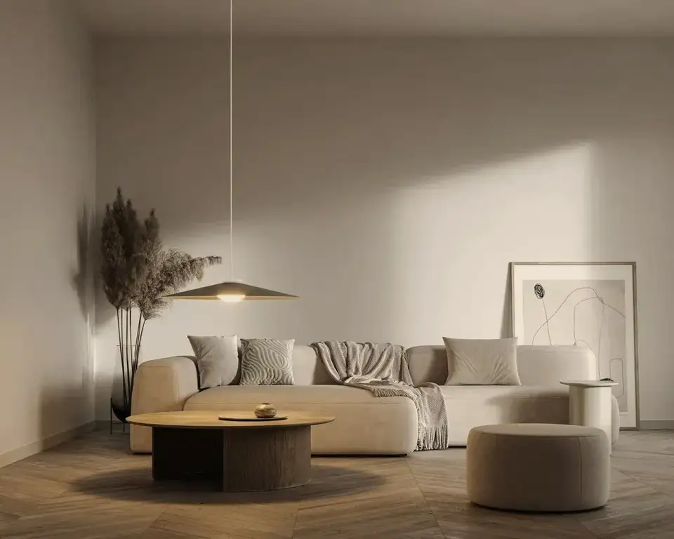 Een brede, platte hanglamp boven een ronde salontafel in een lichte woonkamer met een crèmekleurige bank