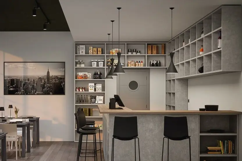 Bistro met een bar en open vakken tot aan het plafond