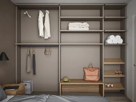 Open kastsysteem in een slaapkamer met roedes, legplanken, een bankje en een wandlamp