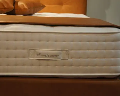 Zijkant van een getufte matras met het geborduurde label Bordeaux, op een cognackleurige boxspring