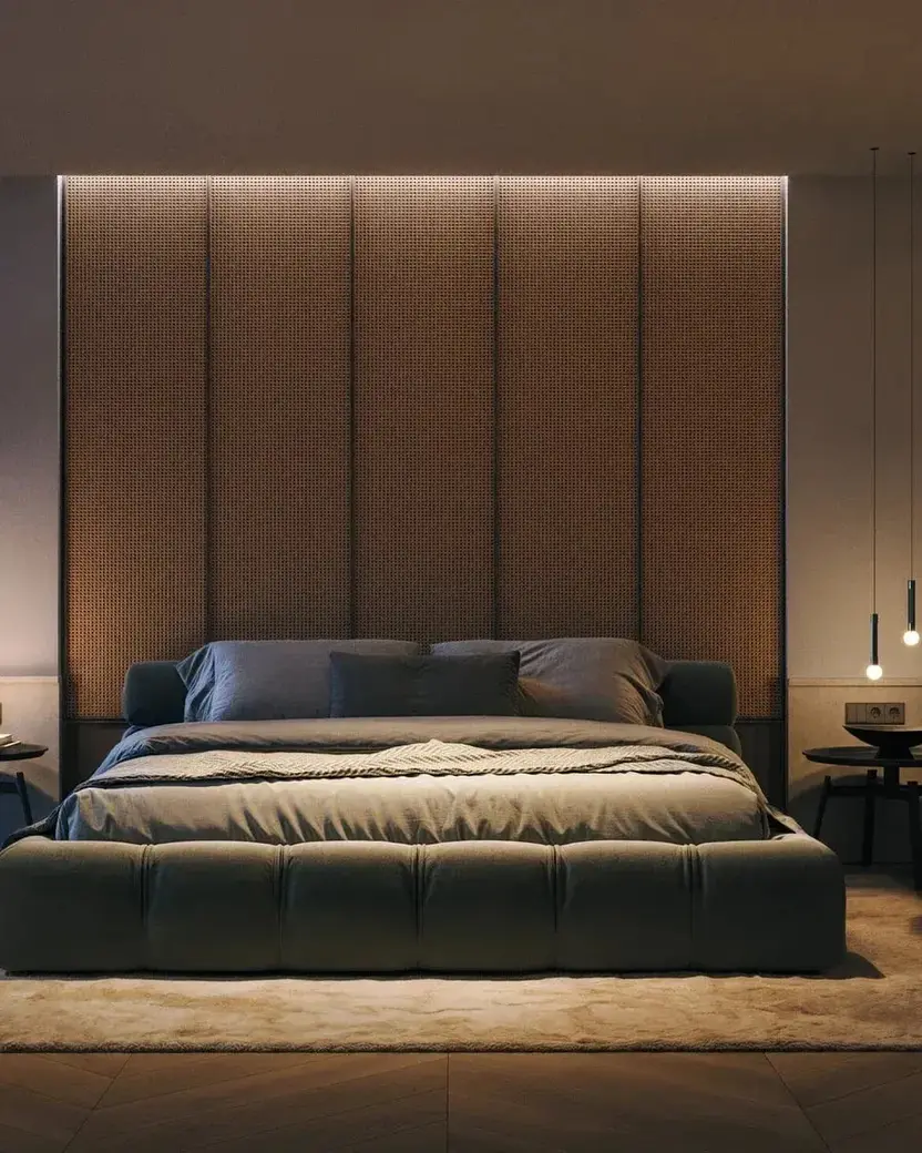 Een slaapkamer bij avond met dunne hanglampen aan weerszijden van het bed en licht achter het hoofdbord
